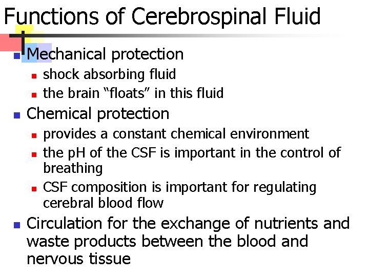Functions of Cerebrospinal Fluid n Mechanical protection n Chemical protection n n shock absorbing