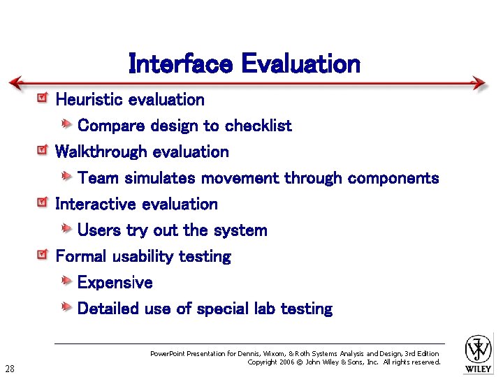 Interface Evaluation Heuristic evaluation Compare design to checklist Walkthrough evaluation Team simulates movement through