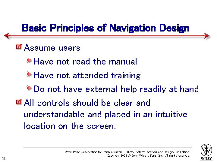 Basic Principles of Navigation Design Assume users Have not read the manual Have not