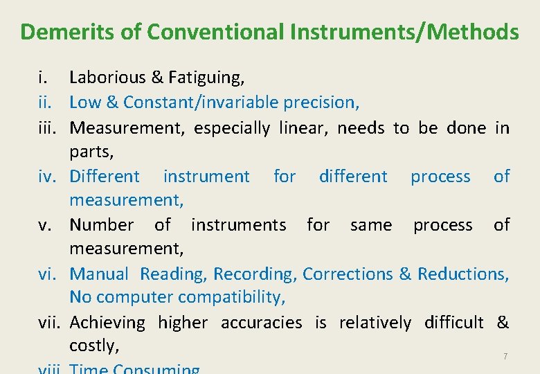 Demerits of Conventional Instruments/Methods i. Laborious & Fatiguing, ii. Low & Constant/invariable precision, iii.