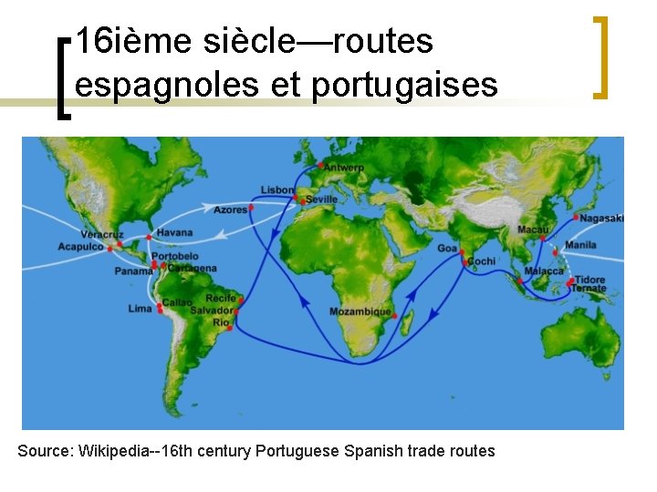 16 ième siècle—routes espagnoles et portugaises Source: Wikipedia--16 th century Portuguese Spanish trade routes