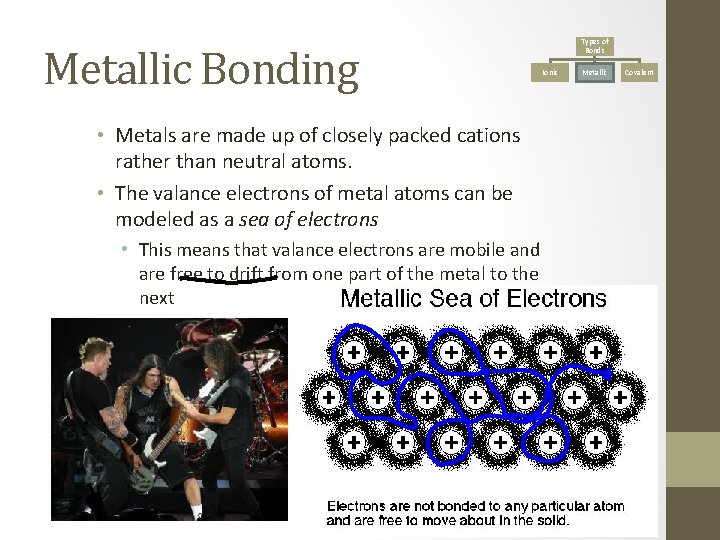 Metallic Bonding • Metals are made up of closely packed cations rather than neutral
