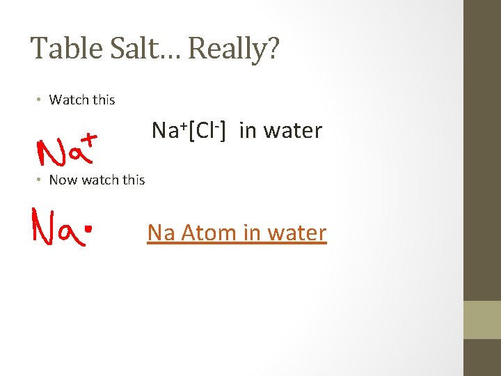 Table Salt… Really? • Watch this Na+[Cl-] in water • Now watch this Na