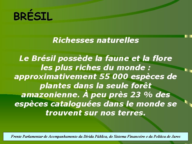 BRÉSIL Richesses naturelles Le Brésil possède la faune et la flore les plus riches