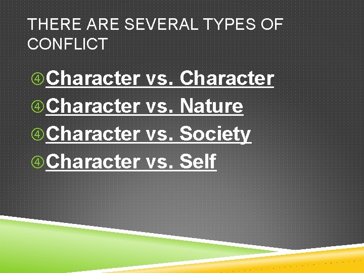 THERE ARE SEVERAL TYPES OF CONFLICT Character vs. Nature Character vs. Society Character vs. THERE ARE SEVERAL TYPES OF CONFLICT Character vs. Nature Character vs. Society Character vs.