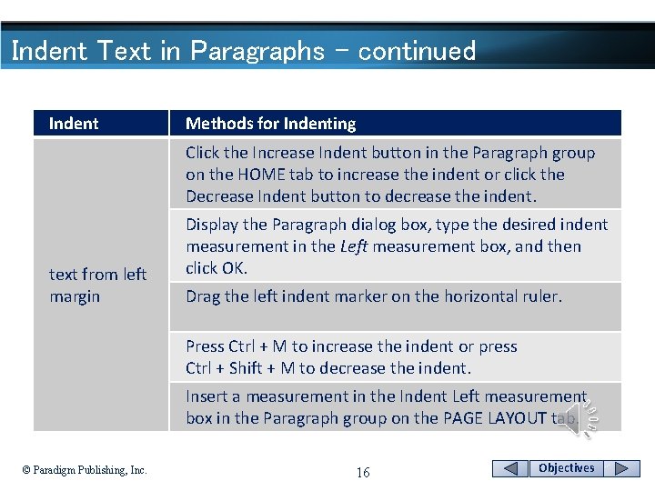 Indent Text in Paragraphs - continued Indent Methods for Indenting Click the Increase Indent