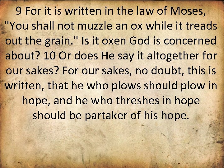 9 For it is written in the law of Moses, "You shall not muzzle