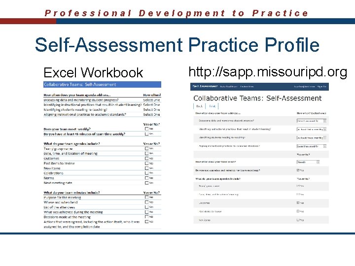 Professional Development to Practice Self-Assessment Practice Profile Excel Workbook http: //sapp. missouripd. org 