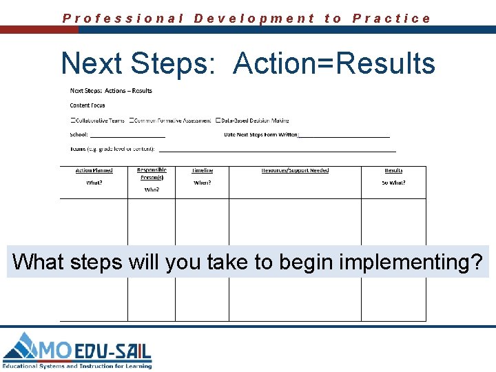 Professional Development to Practice Next Steps: Action=Results What steps will you take to begin