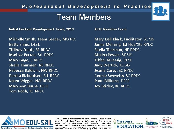 Professional Development to Practice Team Members Initial Content Development Team, 2013 2016 Revision Team