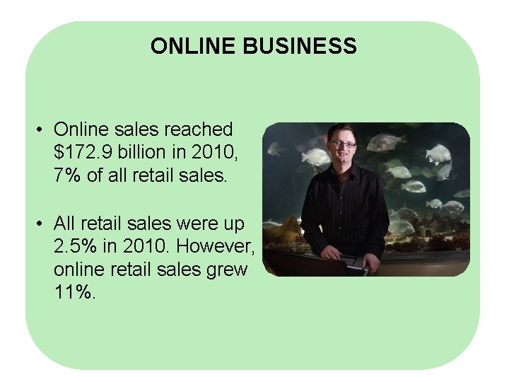 ONLINE BUSINESS • Online sales reached $172. 9 billion in 2010, 7% of all