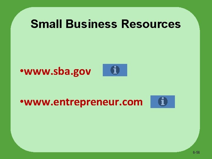 Small Business Resources • www. sba. gov • www. entrepreneur. com 6 -56 