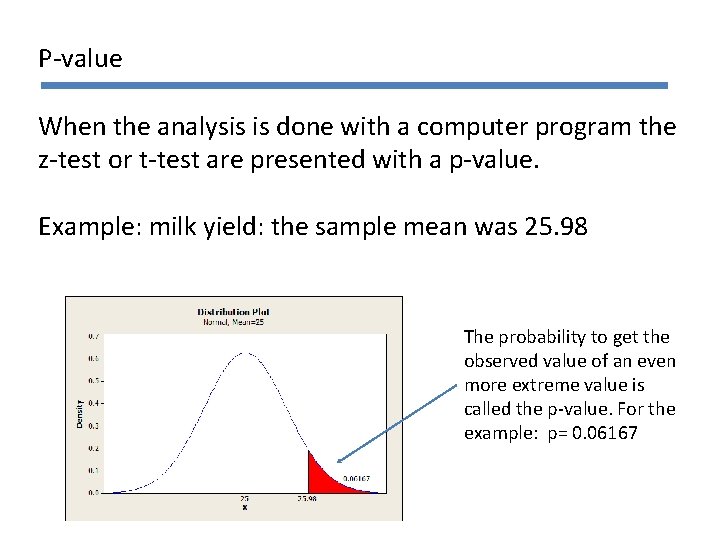 P-value When the analysis is done with a computer program the z-test or t-test