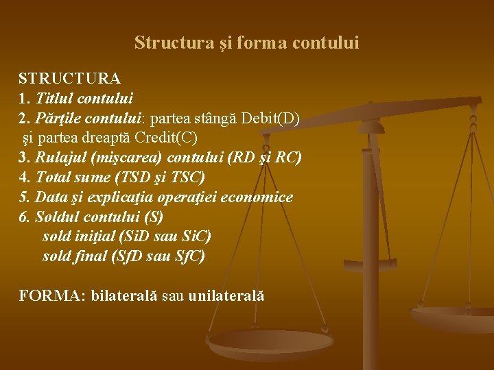 Structura şi forma contului STRUCTURA 1. Titlul contului 2. Părţile contului: partea stângă Debit(D)