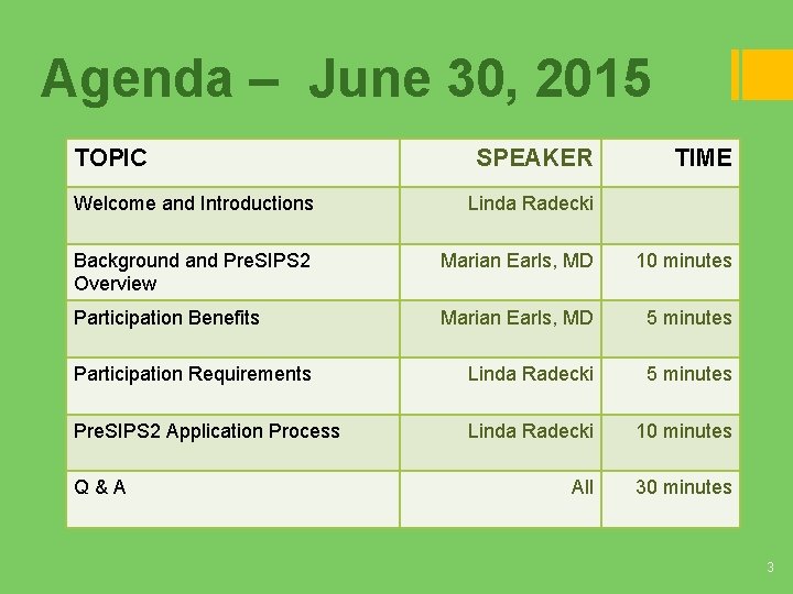Agenda – June 30, 2015 TOPIC SPEAKER TIME Welcome and Introductions Linda Radecki Background Agenda – June 30, 2015 TOPIC SPEAKER TIME Welcome and Introductions Linda Radecki Background