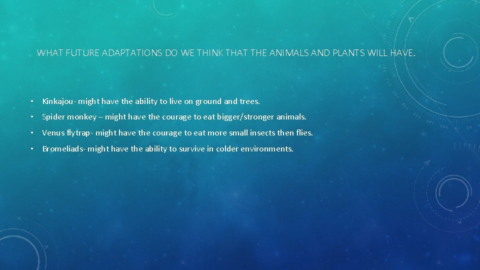 WHAT FUTURE ADAPTATIONS DO WE THINK THAT THE ANIMALS AND PLANTS WILL HAVE. •