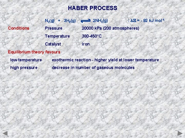 HABER PROCESS N 2(g) + 3 H 2(g) Conditions 2 NH 3(g) : DH