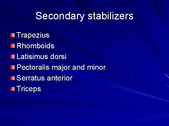 Secondary stabilizers Trapezius Rhomboids Latisimus dorsi Pectoralis major and minor Serratus anterior Triceps 