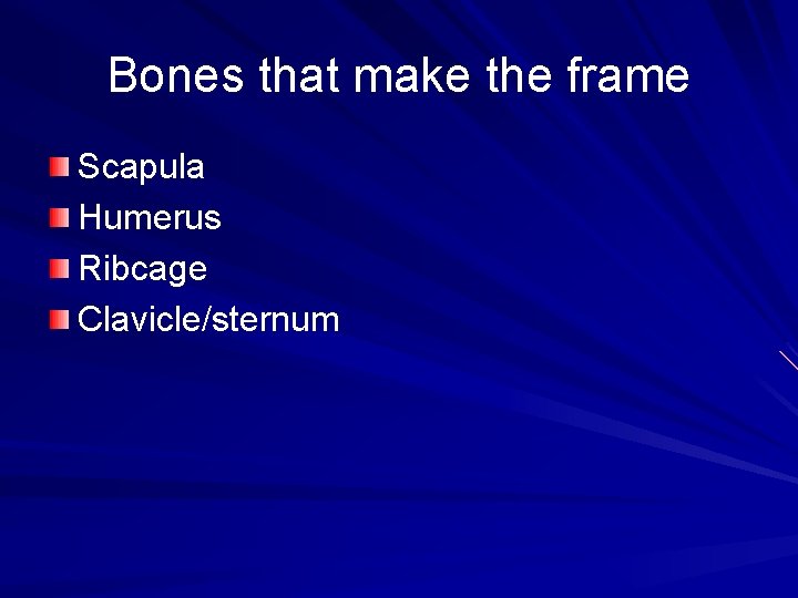 Bones that make the frame Scapula Humerus Ribcage Clavicle/sternum 