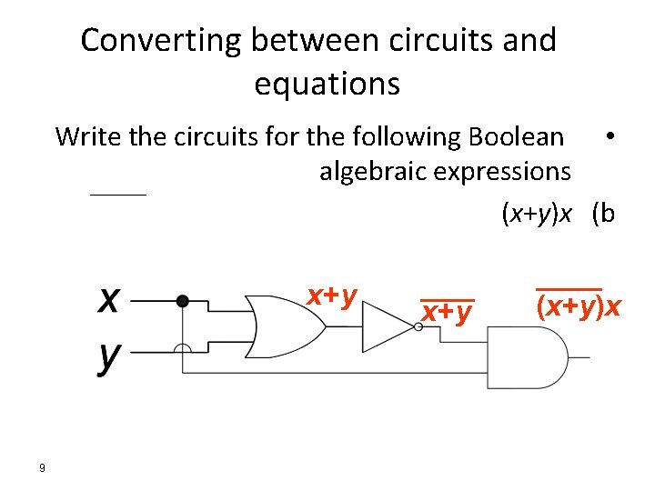 Converting between circuits and equations Write the circuits for the following Boolean • algebraic