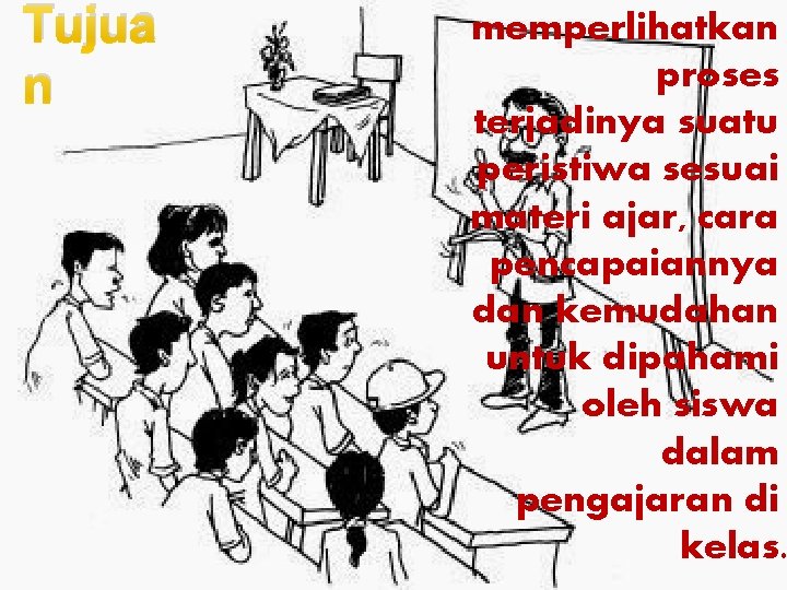 Tujua n memperlihatkan proses terjadinya suatu peristiwa sesuai materi ajar, cara pencapaiannya dan kemudahan