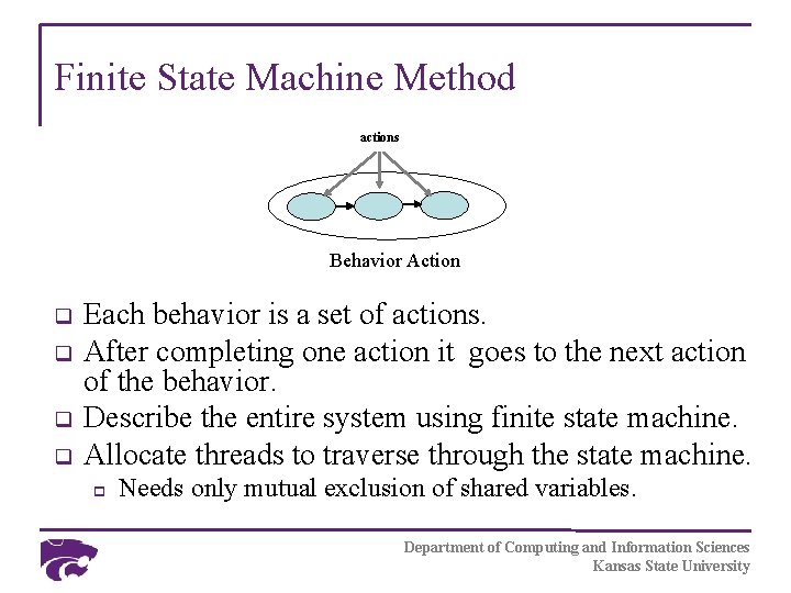 Finite State Machine Method actions Behavior Action q q Each behavior is a set