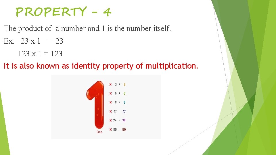PROPERTY - 4 The product of a number and 1 is the number itself.