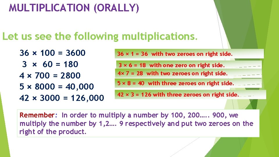 MULTIPLICATION (ORALLY) Let us see the following multiplications. 36 × 100 = 3600 3