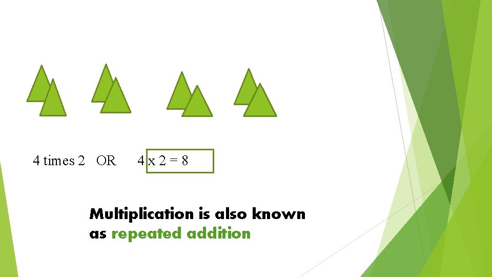 4 times 2 OR 4 x 2=8 Multiplication is also known as repeated addition