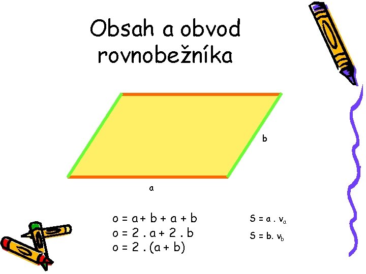 Obsah a obvod rovnobežníka b a o = a+ b + a + b Obsah a obvod rovnobežníka b a o = a+ b + a + b