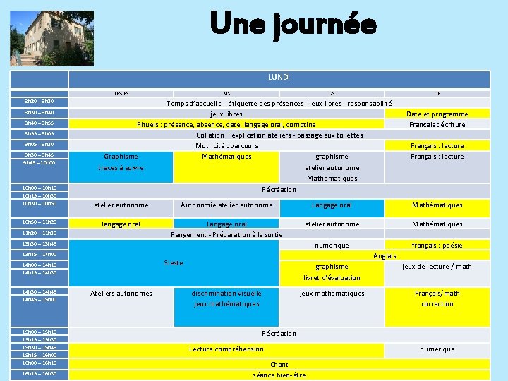 Une journée LUNDI TPS-PS 8 h 20 – 8 h 30 – 8 h