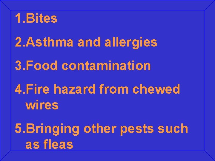 1. Bites 2. Asthma and allergies 3. Food contamination 4. Fire hazard from chewed