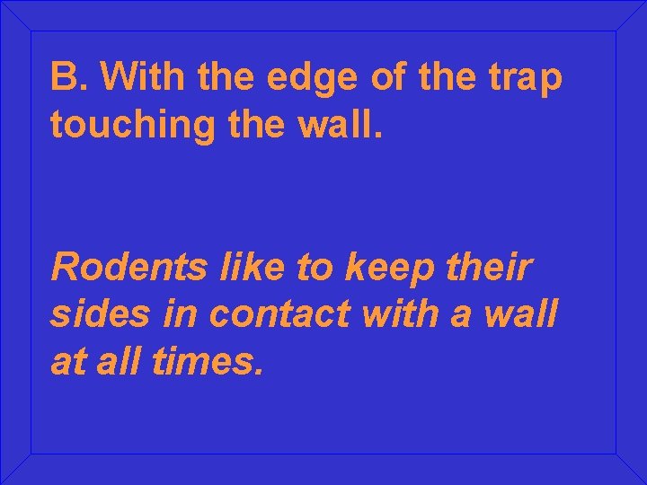B. With the edge of the trap touching the wall. Rodents like to keep B. With the edge of the trap touching the wall. Rodents like to keep