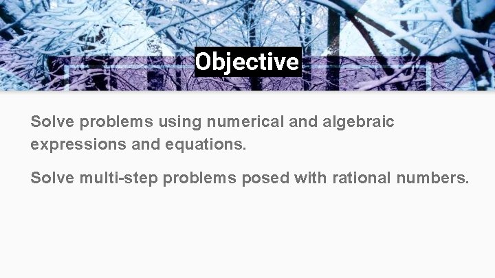 Objective Solve problems using numerical and algebraic expressions and equations. Solve multi-step problems posed