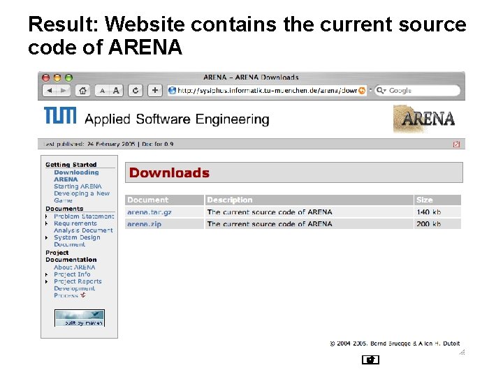 Result: Website contains the current source code of ARENA Result: Website contains the current source code of ARENA