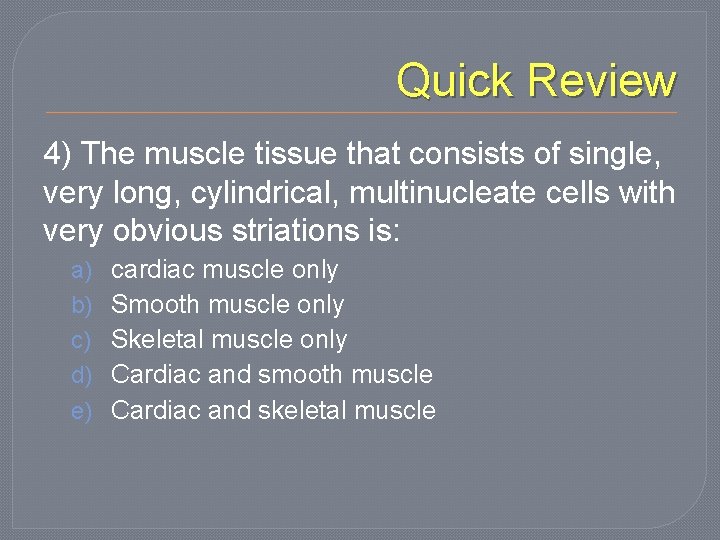 Quick Review 4) The muscle tissue that consists of single, very long, cylindrical, multinucleate