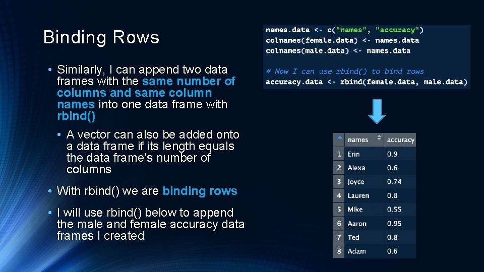 Binding Rows • Similarly, I can append two data frames with the same number Binding Rows • Similarly, I can append two data frames with the same number