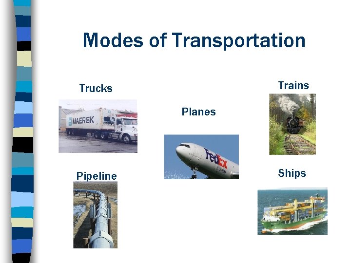 Modes of Transportation Trains Trucks Planes Pipeline Ships 