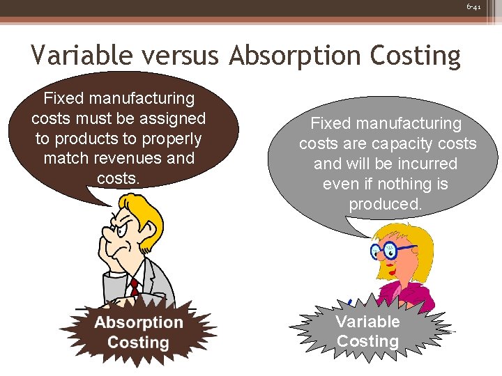 6 -41 Variable versus Absorption Costing Fixed manufacturing costs must be assigned to products