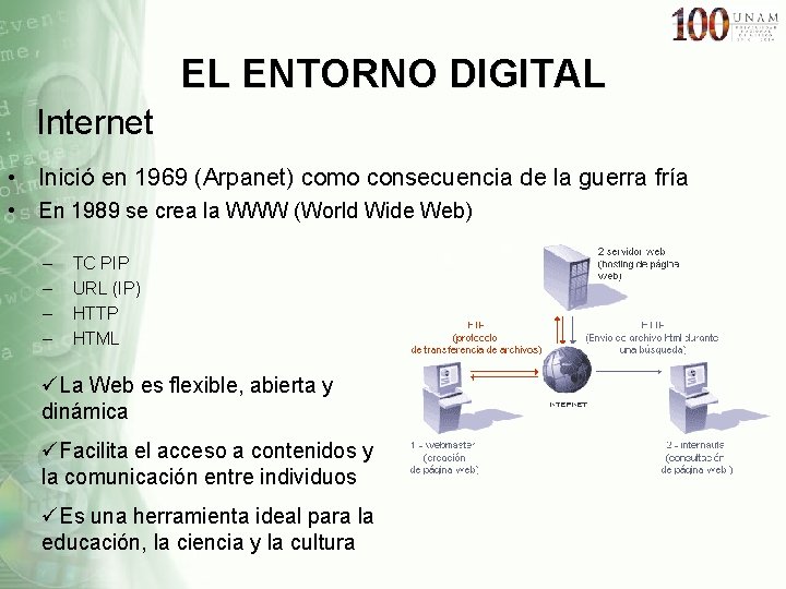 EL ENTORNO DIGITAL Internet • Inició en 1969 (Arpanet) como consecuencia de la guerra