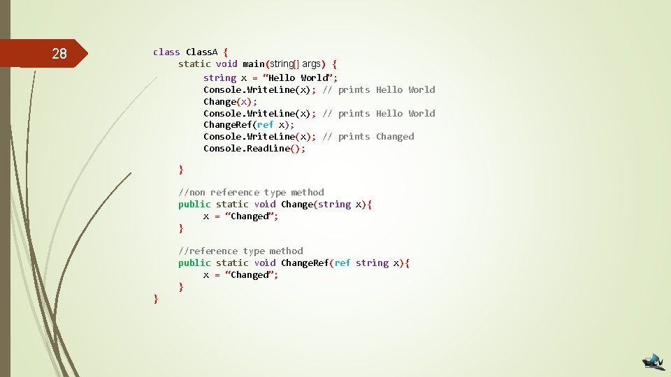 28 class Class. A { static void main(string[] args) { string x = “Hello