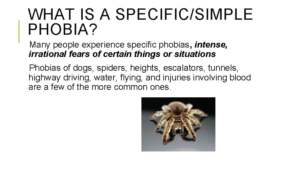 WHAT IS A SPECIFIC/SIMPLE PHOBIA? Many people experience specific phobias, intense, irrational fears of