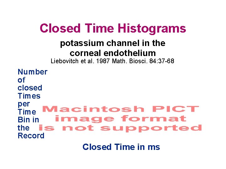 Closed Time Histograms potassium channel in the corneal endothelium Liebovitch et al. 1987 Math.