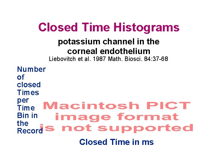 Closed Time Histograms potassium channel in the corneal endothelium Liebovitch et al. 1987 Math.