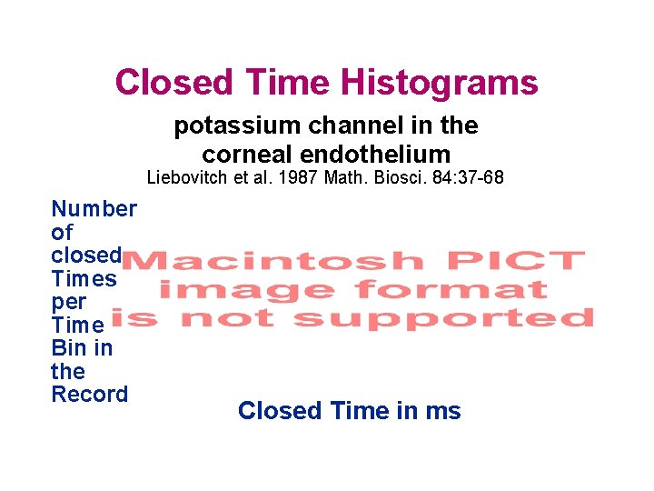 Closed Time Histograms potassium channel in the corneal endothelium Liebovitch et al. 1987 Math.