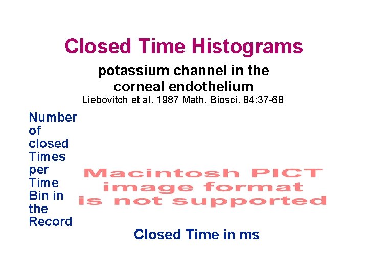 Closed Time Histograms potassium channel in the corneal endothelium Liebovitch et al. 1987 Math.