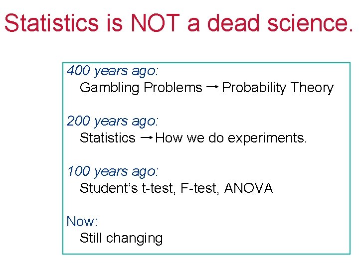 Statistics is NOT a dead science. 400 years ago: Gambling Problems Probability Theory 200