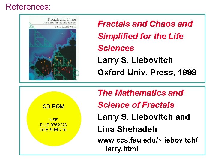 References: Fractals and Chaos and Simplified for the Life Sciences Larry S. Liebovitch Oxford