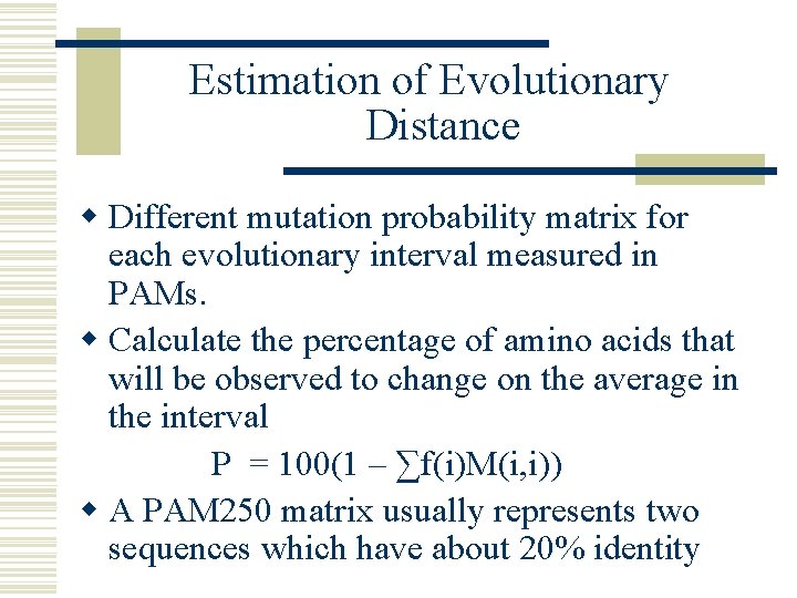 Estimation of Evolutionary Distance w Different mutation probability matrix for each evolutionary interval measured