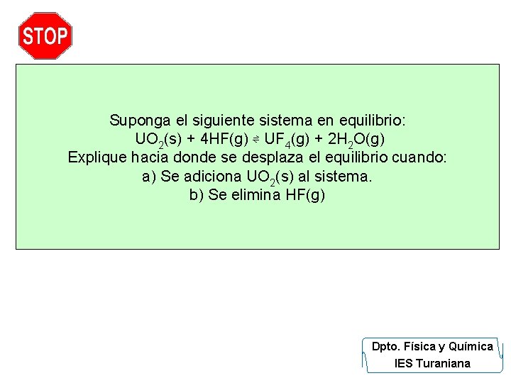 Suponga el siguiente sistema en equilibrio: UO 2(s) + 4 HF(g) ⇌ UF 4(g)